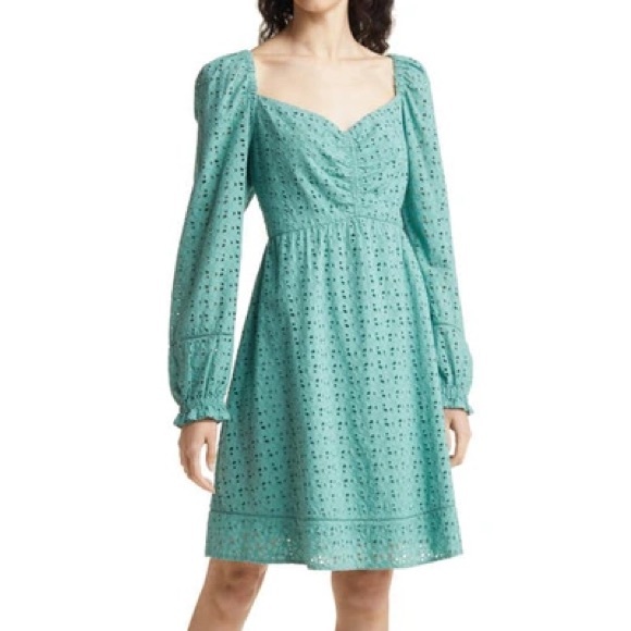 Chelsea 28 CINCHED FRONT EYELET LONG SLEEVE A-LINE DRESS IN GREEN SEAGLASS - Picture 1 of 10
